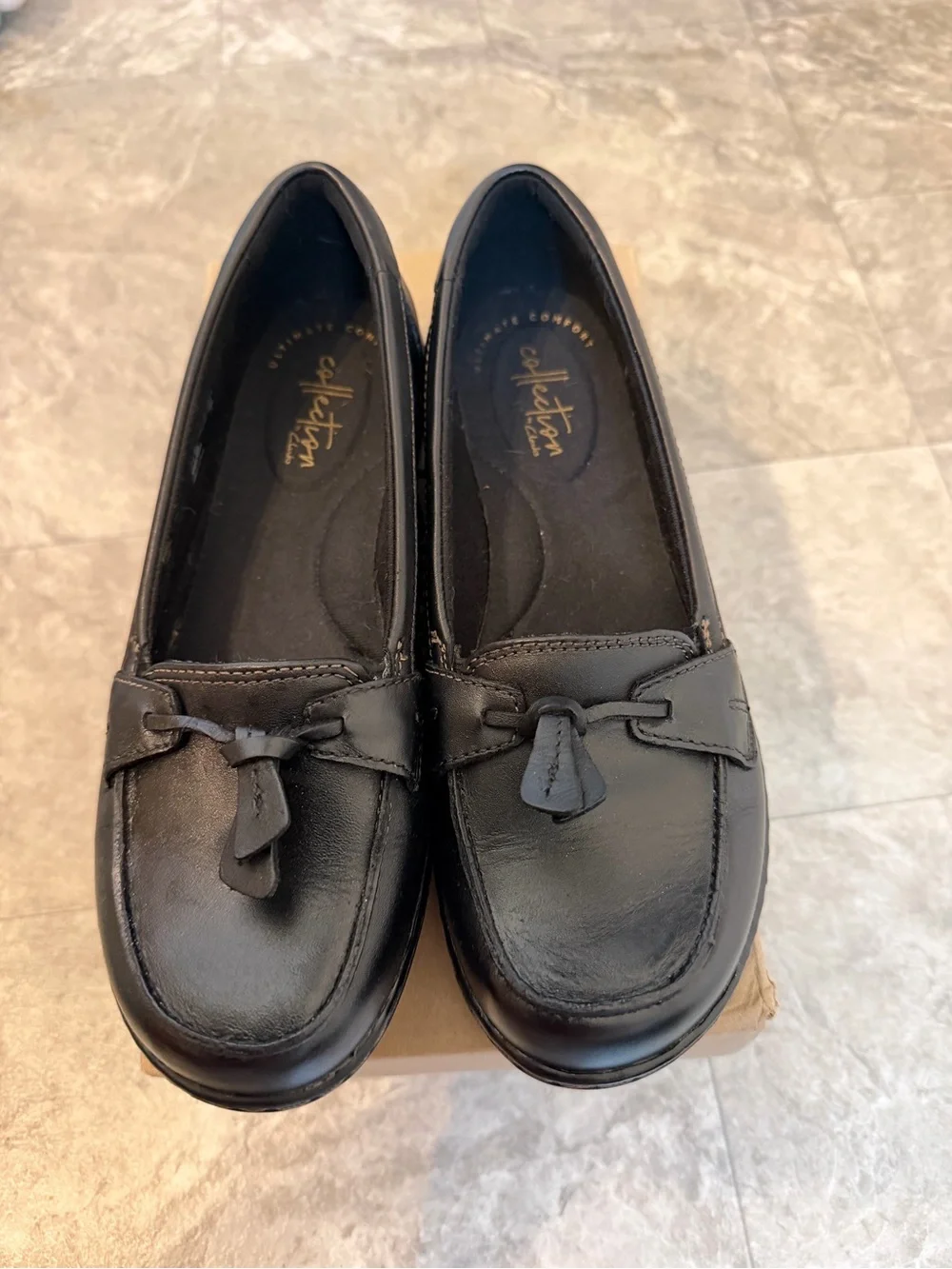 Clarks Black Leather Tassel Loafers for Women